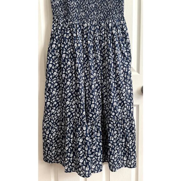 J. CREW 2024 Navy Floral Smocked Bodice Sleeveless Midi Dress - Picture 7 of 16